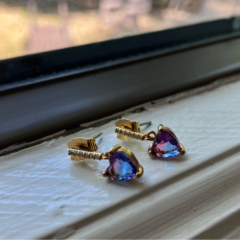 Small blue/pink/purple CZ heart drop earrings (originally $30 on Etsy) - Picture 3 of 6
